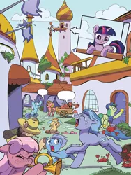 Size: 768x1024 | Tagged: safe, artist:pencils, derpibooru import, idw, twilight sparkle, twilight sparkle (alicorn), alicorn, bird, crab, earth pony, pony, spoiler:comic, spoiler:comic95, butt, crying, door, eyes closed, female, filly, image, jpeg, literal butthurt, male, mare, muffuleta, musical instrument, open mouth, pain, panic, pinch, plant, plot, preview, running, sad, season 10, silence, sleeping, stallion, tears of pain, trumpet, window