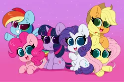 Size: 4096x2703 | Tagged: safe, artist:kittyrosie, derpibooru import, applejack, fluttershy, pinkie pie, rainbow dash, rarity, twilight sparkle, twilight sparkle (alicorn), alicorn, earth pony, pegasus, unicorn, anniversary, applejack's hat, blushing, colored pupils, cowboy hat, gradient background, grin, happy birthday mlp:fim, hat, high res, image, jpeg, mane six, mlp fim's tenth anniversary, open mouth, pink background, simple background, smiling, teeth