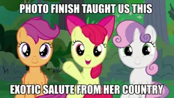 Size: 900x506 | Tagged: safe, derpibooru import, screencap, apple bloom, scootaloo, sweetie belle, the big mac question, caption, cutie mark crusaders, female, image, image macro, innocent, nazi, png, text, tree, we are going to heil, we are going to hell