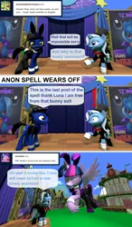 Size: 1024x1750 | Tagged: safe, artist:out-buck-pony, derpibooru import, trixie, twilight sparkle, twilight sparkle (alicorn), oc, oc:true blue, alicorn, pony, 3d, bunny suit, clothes, eyes closed, giant pony, image, macro, magician outfit, png, source filmmaker, twizilla