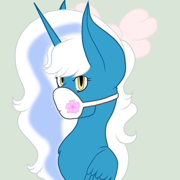 Size: 1024x1024 | Tagged: safe, artist:royal-snowflake, derpibooru import, oc, oc:fleurbelle, unofficial characters only, alicorn, pony, alicorn oc, bow, face mask, female, hair bow, horn, image, jpeg, mare, mask, solo, wings, yellow eyes