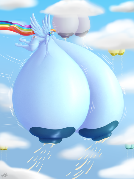 Size: 7500x10000 | Tagged: questionable, alternate version, artist:09hankris, derpibooru import, derpy hooves, rainbow dash, oc, anthro, pegasus, unguligrade anthro, areola, ass, bedroom eyes, big areola, big breasts, big nipples, blushing, breast expansion, breast grab, breast milk, breasts, busty derpy hooves, busty rainbow dash, butt, cloud, cutie mark, digital art, expansion, female, flying, gritted teeth, grope, growth, hand on breasts, huge breasts, hyper, hyper areola, hyper breasts, hyper nipples, image, impossibly large areola, impossibly large breasts, impossibly large nipples, lactation, milk, milk squirt, nipples, nudity, png, rainbow, rainbutt dash, sky, spread wings, tail, thighs, wings