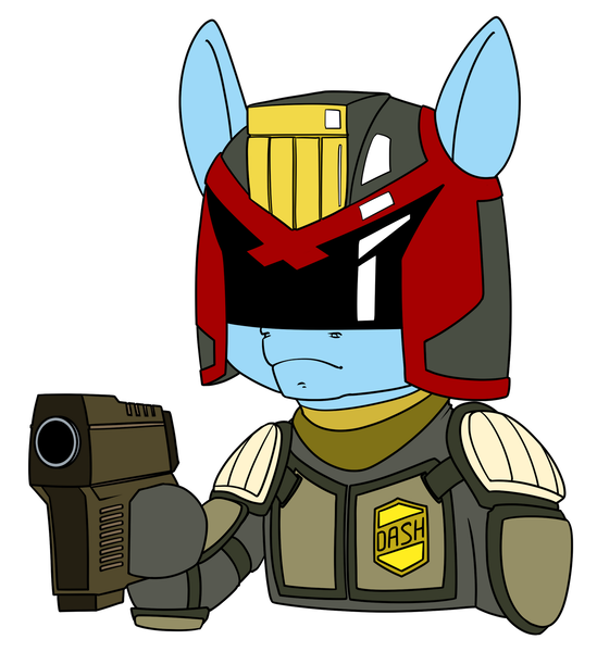 Size: 1282x1400 | Tagged: safe, artist:dacaoo, derpibooru import, rainbow dash, armor, badge, crossover, female, gun, helmet, image, judge dredd, png, simple background, solo, weapon, white background