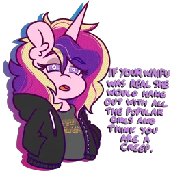 Size: 2000x2000 | Tagged: safe, artist:threetwotwo32232, derpibooru import, princess cadance, alicorn, pony, semi-anthro, anti-bronybait, clothes, female, hoodie, image, looking at you, looking back, looking back at you, mare, png, reality ensues, sad but true, sad truth, simple background, transparent background