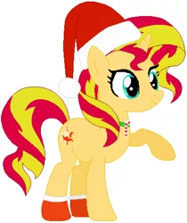 Size: 384x458 | Tagged: safe, artist:selenaede, artist:user15432, derpibooru import, sunset shimmer, pony, unicorn, base used, candy, candy cane, christmas, christmas outfit, clothes, food, hat, holiday, image, jewelry, necklace, orange sock, png, raised hoof, red hat, santa hat, socks