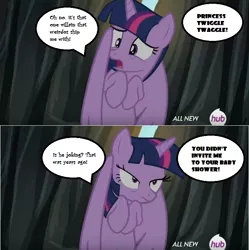 Size: 726x728 | Tagged: safe, derpibooru import, edit, edited screencap, screencap, twilight sparkle, twilight sparkle (alicorn), alicorn, pony, twilight's kingdom, 2 panel comic, bipedal, comic, dialogue, female, hub logo, image, offscreen character, open mouth, png, rock, solo, speech bubble, text, twilight is not amused, unamused, wing hold