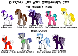 Size: 1872x1344 | Tagged: safe, artist:themanfromanothertime, derpibooru import, oc, oc:alexander castlerook, oc:artemis sparkshower, oc:georgia hoofstrong, oc:honour bound, oc:lily glamerspear, oc:marcos ebonshield, oc:purity ebonshield, oc:temper violetta, oc:valiant kilfeather, unofficial characters only, bat pony, earth pony, pegasus, unicorn, fanfic:everyday life with guardsmares, 4chan, bat pony oc, bat wings, earth pony oc, everyday life with guardsmares, horn, image, pegasus oc, png, pony oc, reference sheet, royal guard, simple background, transparent background, unicorn oc, wings