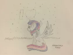 Size: 3264x2448 | Tagged: safe, artist:rainbows2424, derpibooru import, twilight sparkle, twilight sparkle (alicorn), alicorn, pony, constellation, image, jpeg, magical, memories, mlp fim's tenth anniversary, night, solo, stargazing, stars, traditional art