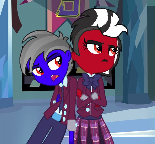 Size: 969x900 | Tagged: safe, artist:lynnthenerdkitty, derpibooru import, oc, oc:shatter misty cloud, equestria girls, clothes, crystal prep, crystal prep academy uniform, dropkick (transformers), duo, equestria girls-ified, image, png, school uniform, shatter (transformers), transformers