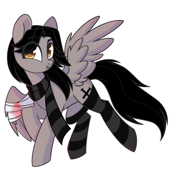 Size: 2018x2048 | Tagged: safe, artist:cloud-fly, derpibooru import, oc, ponified, unofficial characters only, pegasus, pony, bandage, blood, broken wing, clothes, commission, eye clipping through hair, fangs, gerard way, hair over one eye, happy, image, male, my chemical romance, png, scarf, simple background, socks, solo, spread wings, stallion, striped socks, transparent background, wings, ych result