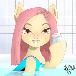 Size: 1400x1400 | Tagged: suggestive, derpibooru import, oc, oc:flowershy, pony, bath, bathtub, belle delphine, clothes, gamer girl bath water, geek, image, looking at you, not fluttershy, png, smiling, swimsuit, uncanny valley, water