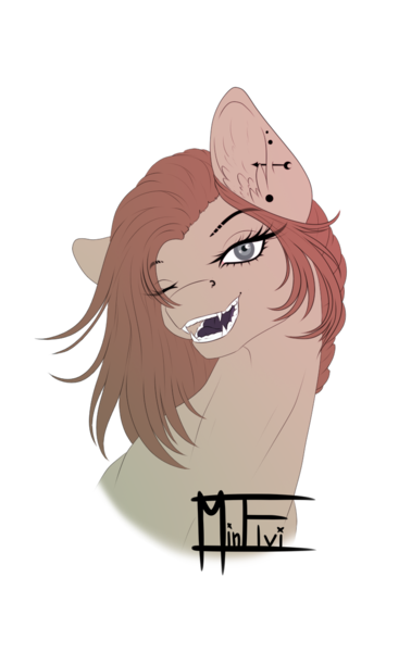 Size: 798x1266 | Tagged: safe, artist:minelvi, derpibooru import, oc, unofficial characters only, earth pony, pony, bust, ear fluff, ear piercing, earth pony oc, eyelashes, fangs, image, one eye closed, open mouth, piercing, png, signature, simple background, smiling, solo, transparent background, wink