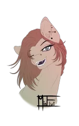 Size: 798x1266 | Tagged: safe, artist:minelvi, derpibooru import, oc, unofficial characters only, earth pony, pony, bust, ear fluff, ear piercing, earth pony oc, eyelashes, fangs, image, one eye closed, open mouth, piercing, png, signature, simple background, smiling, solo, transparent background, wink