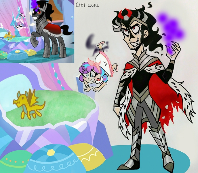 Size: 2453x2139 | Tagged: safe, artist:citi, derpibooru import, screencap, king sombra, princess flurry heart, alicorn, human, pony, unicorn, the beginning of the end, baby, baby pony, dark magic, female, humanized, image, jpeg, magic, male, scene interpretation, screencap reference, stallion