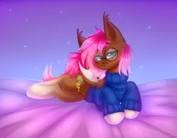 Size: 1884x1476 | Tagged: safe, artist:jennyberry, derpibooru import, oc, oc:equinox, unofficial characters only, bat pony, pony, bat pony oc, bat wings, bed, bedsheets, clothes, ear fluff, fangs, glasses, image, looking at you, lying down, png, smiling, sweater, wings