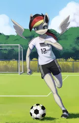 Size: 1900x2974 | Tagged: safe, artist:mrscroup, derpibooru import, oc, oc:anja snow, unofficial characters only, anthro, pegasus, plantigrade anthro, pony, clothes, cloud, commission, confident, female, football, german dash, germany, green eyes, high res, image, jpeg, multicolored mane, not rainbow dash, outdoors, pegasus oc, running, shirt, shoes, shorts, smiling, sneakers, soccer ball (object), soccer field, socks, solo, solo female, sports, sports shorts, t-shirt, tomboy, tree, two toned bottomwear, two toned footwear, uniform, white socks, white topwear, wings