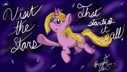Size: 1280x720 | Tagged: safe, artist:bryastar, derpibooru import, oc, oc:bright star, unofficial characters only, pony, unicorn, cursive writing, female, floating, floating in space, galaxy, image, jpeg, solo, space