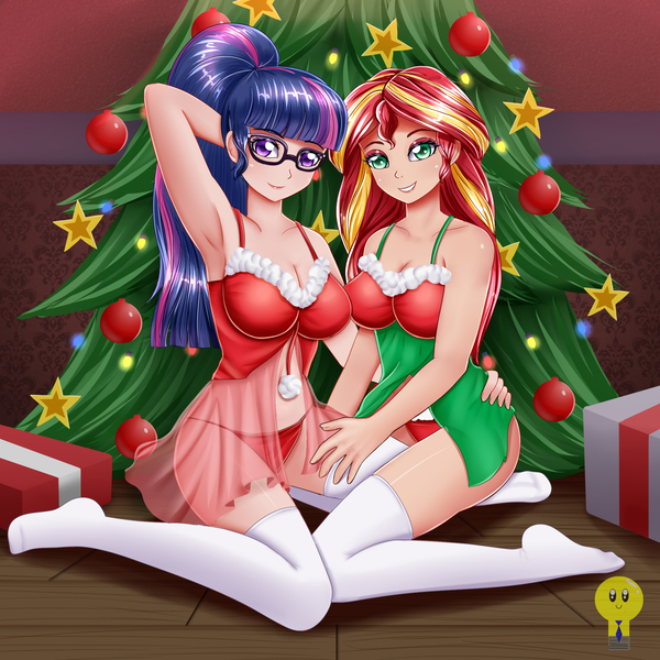 Size: 2000x2000 | Tagged: suggestive, artist:focusb, derpibooru import, sci-twi, sunset shimmer, twilight sparkle, equestria girls, arm behind head, armpits, belly button, breasts, busty sunset shimmer, busty twilight sparkle, christmas, christmas tree, cleavage, clothes, duo, duo female, female, females only, holiday, human coloration, image, jpeg, lesbian, lingerie, looking at you, present, scitwishimmer, shipping, socks, stocking feet, stockings, sunsetsparkle, thigh highs, tree