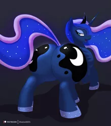 Size: 2357x2688 | Tagged: suggestive, artist:shadow2007x, derpibooru import, princess luna, alicorn, pony, bedroom eyes, both cutie marks, butt, commission, crown, dark background, female, high res, hoof shoes, image, jewelry, large butt, looking at you, looking back, looking back at you, mare, moonbutt, open mouth, patreon, patreon logo, plot, png, praise the moon, rear view, regalia, smiling, smug, solo, solo female, the ass was fat, thicc ass