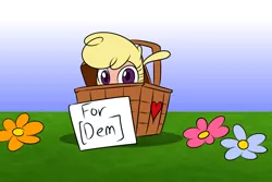 Size: 1800x1200 | Tagged: safe, artist:redahfuhrerking, derpibooru import, paprika paca, alpaca, them's fightin' herds, basket, community related, cute, female, flower, image, looking at you, png, sign, solo, soon