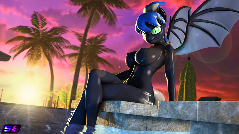 Size: 3840x2160 | Tagged: questionable, artist:shadowboltsfm, derpibooru import, oc, oc:onyxia, anthro, bat pony, plantigrade anthro, 3d, 4k, bat pony oc, bat wings, big breasts, breasts, crossed legs, image, lens flare, looking at you, nipples, nudity, palm tree, png, poolside, smiling, source filmmaker, sunset, tree, wings