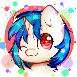 Size: 2000x2000 | Tagged: safe, artist:emy12126, artist:emyjk, derpibooru import, vinyl scratch, pony, unicorn, abstract background, bust, chest fluff, chibi, colored pupils, cute, deviantart watermark, female, head only, image, jpeg, mare, missing accessory, obtrusive watermark, one eye closed, portrait, smiling, solo, starry eyes, vinylbetes, watermark, wingding eyes, wink