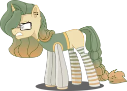 Size: 1024x737 | Tagged: safe, artist:babyroxasman, derpibooru import, oc, oc:light wright, pony, unicorn, angry, braided tail, clothes, ear piercing, glasses, image, male, piercing, png, simple background, socks, solo, stallion, stockings, thigh highs, transparent background, vector