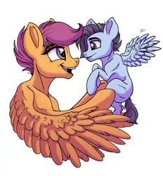 Size: 4860x5232 | Tagged: safe, artist:celestial-rainstorm, derpibooru import, scootaloo, oc, oc:proud skies, pegasus, pony, absurd resolution, image, jpeg, offspring, older, parent:rumble, parent:scootaloo, parents:rumbloo, simple background, white background