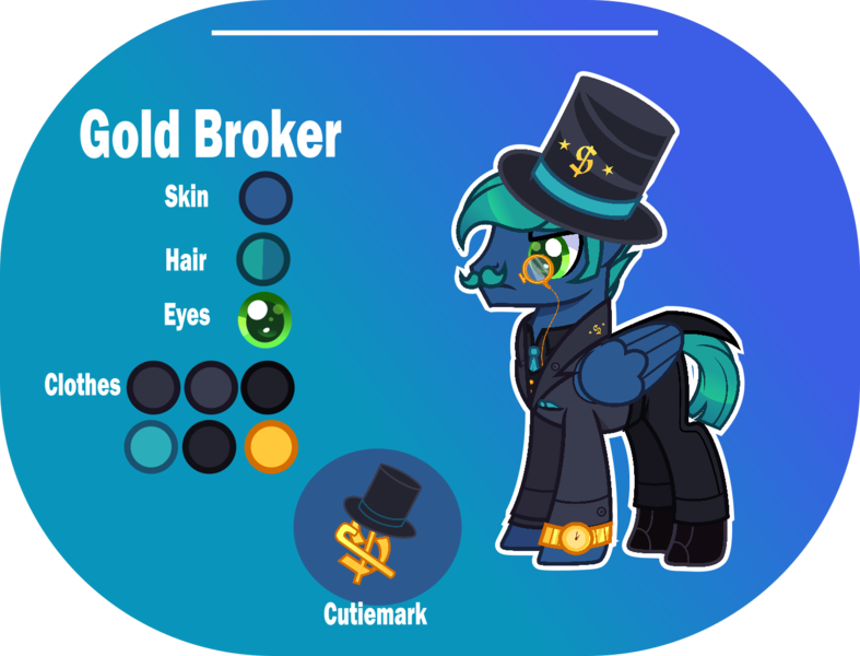 Size: 1400x1068 | Tagged: safe, artist:n0kkun, derpibooru import, oc, oc:gold broker, unofficial characters only, pegasus, pony, blue background, boots, clothes, facial hair, hat, image, male, monocle, moustache, necktie, pants, png, reference sheet, shirt, shoes, simple background, solo, stallion, suit, top hat, vest, watch, wristwatch