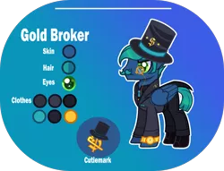 Size: 1400x1068 | Tagged: safe, artist:n0kkun, derpibooru import, oc, oc:gold broker, unofficial characters only, pegasus, pony, blue background, boots, clothes, facial hair, hat, image, male, monocle, moustache, necktie, pants, png, reference sheet, shirt, shoes, simple background, solo, stallion, suit, top hat, vest, watch, wristwatch