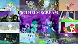 Size: 1280x721 | Tagged: safe, derpibooru import, edit, edited screencap, editor:quoterific, screencap, amethyst star, apple bloom, applejack, babs seed, berry splash, carrot top, chickadee, daring do, derpy hooves, fluttershy, golden harvest, humdrum, lemon hearts, linky, lyra heartstrings, lyrica lilac, mane-iac, masked matter-horn, mistress marevelous, mr. waddle, ms. peachbottom, neon brush, orchid dew, pinkie pie, pokey pierce, ponet, princess cadance, radiance, rainbow dash, rapid rush, rarity, sea swirl, seafoam, shoeshine, silver script, spike, spring melody, sprinkle medley, sunshine splash, sunshower raindrops, sweetie belle, twilight sparkle, twilight sparkle (alicorn), twinkleshine, zapp, alicorn, crystal pony, dragon, earth pony, pegasus, pony, tatzlwurm, unicorn, daring doubt, do princesses dream of magic sheep, for whom the sweetie belle toils, magic duel, make new friends but keep discord, power ponies (episode), princess twilight sparkle (episode), scare master, tanks for the memories, three's a crowd, angry, bipedal, clothes, costume, dress, female, filly, floppy ears, gala dress, halloween, halloween costume, holiday, image, kick, laser, male, nose in the air, open mouth, png, power ponies, rain, running, screaming, trophy, wilhelm scream