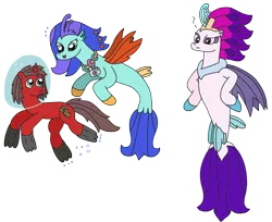 Size: 2831x2307 | Tagged: safe, artist:supahdonarudo, derpibooru import, queen novo, oc, oc:ironyoshi, oc:sea lilly, seapony (g4), unicorn, my little pony: the movie, air bubble, bubble, camera, confused, flippers, hand on hip, image, jewelry, necklace, png, question mark, simple background, swimming, transparent background