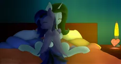 Size: 4096x2160 | Tagged: safe, artist:darbedarmoc, derpibooru import, oc, oc:luamore, oc:minerva, unofficial characters only, pegasus, unicorn, bed, bedroom, eyes closed, holiday, hug, image, jpeg, lava lamp, pillow, shipping, two toned mane, two toned tail, valentine, valentine's day, wings