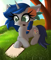 Size: 3198x3797 | Tagged: safe, artist:windykirin, derpibooru import, oc, oc:sterling, pony, unicorn, drawing, female, flower, flower in hair, grass, image, lying down, mouth hold, png, solo, tree