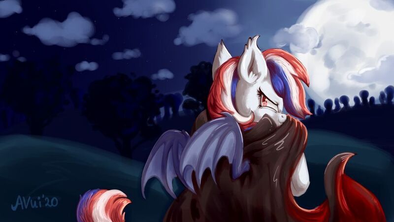 Size: 900x507 | Tagged: safe, artist:avui, derpibooru import, oc, oc:britannia, oc:britannia (uk ponycon), bat pony, full moon, image, jpeg, moon, solo, spooky, uk ponycon, ukponycon