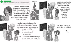 Size: 2500x1441 | Tagged: semi-grimdark, artist:chopsticks, derpibooru import, cheerilee, oc, oc:cookie cutter, earth pony, pegasus, pony, ask, ask cookie cutter, chalkboard, cheek fluff, chest fluff, dialogue, ear fluff, female, filly, glasses, image, mare, monochrome, png, ponyville schoolhouse, school, sketch, text, unshorn fetlocks