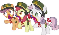 Size: 1154x696 | Tagged: safe, artist:sollace, derpibooru import, apple bloom, scootaloo, sweetie belle, 28 pranks later, badge, clothes, cookie zombie, cutie mark crusaders, derp, derpibooru exclusive, filly guides, image, open mouth, png, rainbow muzzle, raised leg, scoutaloo, scout uniform, simple background, .svg available, transparent background, trio, vector