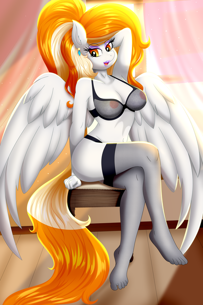 Size: 4000x6000 | Tagged: questionable, artist:rainbownspeedash, derpibooru import, oc, oc:rita cloudy, anthro, pegasus, plantigrade anthro, areola, arm behind head, breasts, clothes, ear piercing, eyelashes, eyeshadow, female, image, lingerie, looking at you, makeup, milf, nipples, nudity, open mouth, piercing, png, see-through, sitting, solo, solo female, wings