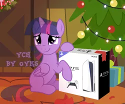 Size: 2500x2083 | Tagged: safe, artist:oyks, derpibooru import, twilight sparkle, twilight sparkle (alicorn), alicorn, pony, box, christmas, christmas lights, christmas tree, christmas wreath, commission, console, controller, cute, female, holiday, image, mare, missing cutie mark, playstation 5, png, present, raised hoof, sitting, solo, tree, twiabetes, wreath, ych example, your character here