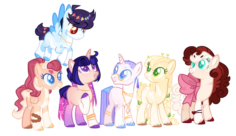 Size: 2478x1428 | Tagged: safe, artist:jaysey, artist:shiibases, derpibooru import, oc, oc:cake, oc:golden diamond, oc:mint apple, oc:radiance star, oc:rain catcher, oc:sugar apple, unofficial characters only, earth pony, pegasus, pony, unicorn, base used, blank flank, bow, bracelet, colored hooves, colored pupils, female, freckles, glasses, image, jewelry, male, mare, necklace, next generation, offspring, parent:applejack, parent:big macintosh, parent:cheese sandwich, parent:fancypants, parent:flash sentry, parent:flim, parent:fluttershy, parent:pinkie pie, parent:rainbow dash, parent:rarity, parent:soarin', parent:twilight sparkle, parents:cheesepie, parents:flashlight, parents:flimjack, parents:fluttermac, parents:raripants, parents:soarindash, png, ribbon, shaved head, simple background, stallion, transparent background, unshorn fetlocks