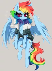 Size: 1651x2244 | Tagged: safe, artist:hoshmyposhes, derpibooru import, rainbow dash, pegasus, pony, bomber jacket, chest fluff, clothes, feather, female, gray background, image, jacket, jpeg, leg fluff, looking at you, mare, simple background, solo, spread wings, wings