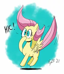 Size: 1024x1175 | Tagged: safe, artist:cartoon-eric, derpibooru import, fluttershy, pegasus, pony, covering mouth, female, hiccup, hoof over mouth, image, jumping, mare, midair, onomatopoeia, partial background, png, raised hoof, solo, spread wings, three quarter view, wings