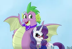 Size: 1033x715 | Tagged: safe, artist:aleximusprime, artist:solitarygraywolf, derpibooru import, rarity, spike, dragon, unicorn, flurry heart's story, bonding, bowtie, chubby spike, clothes, duo, ear piercing, earring, fat spike, female, glasses, image, jewelry, male, older, older rarity, older spike, piercing, png, shipping, sparity, straight, suit, winged spike