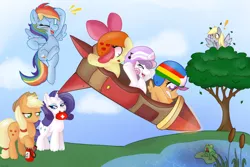 Size: 1280x856 | Tagged: safe, artist:therainbowtroll, derpibooru import, apple bloom, applejack, derpy hooves, rainbow dash, rarity, scootaloo, sweetie belle, earth pony, frog, pegasus, pony, unicorn, adorabloom, cute, cutealoo, cutie mark crusaders, diasweetes, fire extinguisher, first aid kit, helmet, image, jpeg, lilypad, rocket, silly, silly pony, stunt, this will end in death, this will end in tears, this will end in tears and/or death, this will end in tears and/or death and/or covered in tree sap, tree, water