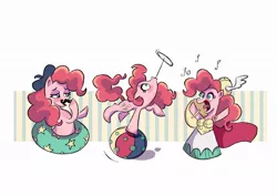 Size: 1020x724 | Tagged: safe, artist:camaleao, derpibooru import, pinkie pie, earth pony, pony, ball, balloon, beret, cape, circus, clothes, costume, cutie mark, facial hair, hat, image, inflatable, jpeg, moustache, music notes, opera, simple background, singing, white background