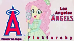 Size: 1280x720 | Tagged: safe, derpibooru import, edit, edited screencap, screencap, fluttershy, equestria girls, equestria girls series, so much more to me, clothes, dress, image, looking at you, los angeles angels, microphone, mlb, open mouth, png, wallpaper