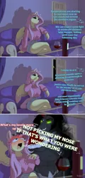 Size: 1500x3113 | Tagged: safe, artist:evehly, derpibooru import, fluttershy, king sombra, anthro, pegasus, unicorn, abs, adorasexy, alcohol, big breasts, blatant lies, blushing, booty shorts, bottle, breasts, busty fluttershy, caught, colored wings, colored wingtips, comic, crossed legs, cute, fangs, female, glass, image, implied cakelestia, male, muscles, nose picking, open mouth, panic, peeking, png, scared, sexy, shipping, shyabetes, sitting, sombrashy, spread wings, star (coat marking), straight, suspiciously specific denial, sweatshirt, thighs, watching tv, wine, wine bottle, wine glass, wingboner, wings, woonoggles