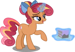 Size: 2926x2050 | Tagged: safe, artist:decprincess, derpibooru import, oc, oc:chocolate savoury, pony, unicorn, bow, cake, cute, female, food, glowing horn, hair bun, horn, image, magic, magic aura, mare, open mouth, plate, png, raised hoof, simple background, smiling, solo, transparent background, vector