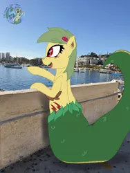 Size: 3024x4032 | Tagged: safe, artist:shappy the lamia, derpibooru import, oc, oc:shappy, hybrid, lamia, original species, pony, semi-anthro, beach, brooch, building, fangs, fence, happy, heart, holiday, image, jewelry, long tail, palm tree, photo, png, pointing, real life background, realistic, scales, sky, snake tail, summer, text, tree, yacht