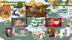 Size: 3000x1688 | Tagged: safe, artist:expee, artist:nutking, artist:tazool, artist:tim-kangaroo, derpibooru import, apple bloom, applejack, derpy hooves, fluttershy, octavia melody, pinkie pie, rainbow dash, rarity, scootaloo, spike, starlight glimmer, sunburst, sweetie belle, twilight sparkle, twilight sparkle (alicorn), vinyl scratch, oc, alicorn, unicorn, burger, candy, candy cane, christmas, christmas tree, christmas wreath, clothes, contest, contest winner, cookie, costume, cutie mark crusaders, festive, fire, fireplace, food, hat, hay burger, hearth's warming eve, holiday, image, mane six, png, ponk, santa costume, santa hat, scarf, sled, snow globe, snowman, socks, striped socks, tree, wreath